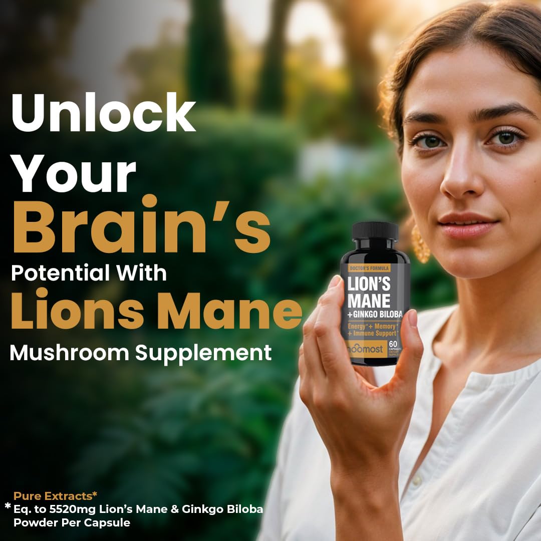 NooMost Lions Mane Supplement Organic Capsules - with Ginkgo Biloba - Cognitive Health, Focus & Memory Support - Natural Superfood for Brain, Energy & Immune Health - 60 Capsules - 2 Month Supply