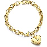 GoldChic Jewelry Heart Charm Bracelet Adjustable For Women, Stainless Steel Initial Cable Link Letters Mother Daughter Bracelets Jewelry Gifts for Mom (With Box)