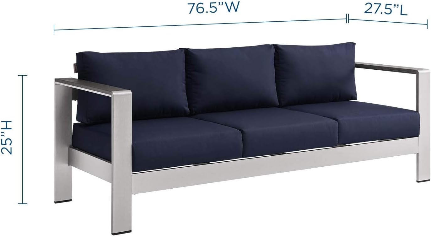 Modway Shore Aluminum Metal Outdoor Patio Sofa With Silver Navy All-Weather Cushions : Garden & Outdoor