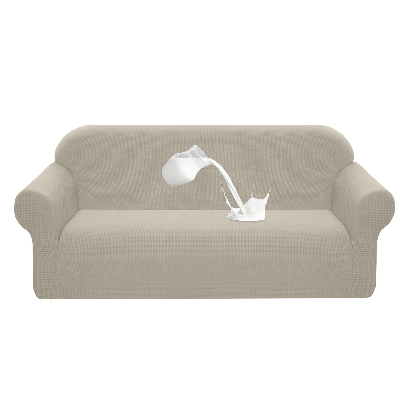 Granbest Premuim Water Repellent Sofa Covers 3 Seater High Stretch 1 Piece Couch Cover for Dogs Universal Sofa Slipcover Non Slip Furniture Protector Jacquard Spandex Fabric (3 Seater, Sand)