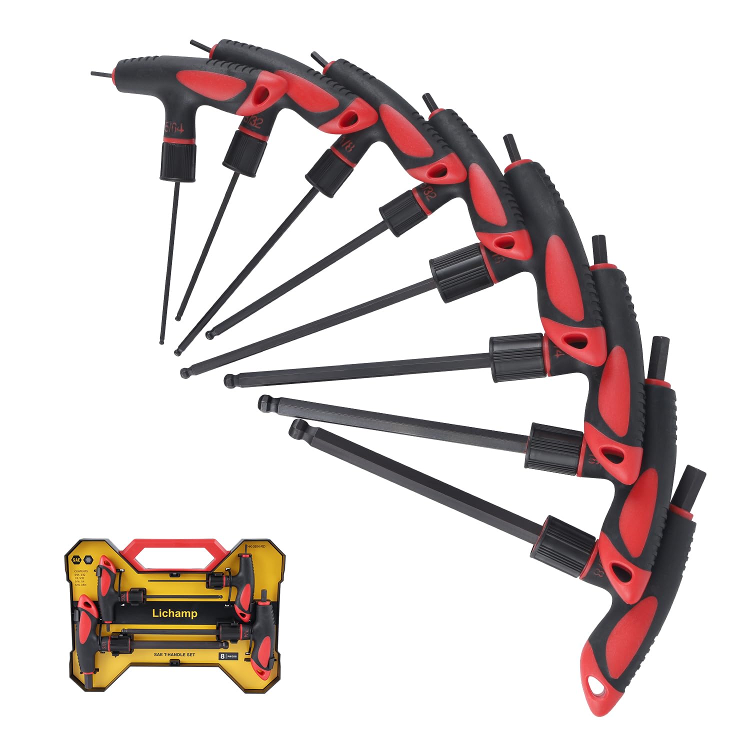 Photo 1 of Lichamp 8 Pieces SAE T Handle Allen Wrench Set, 5/64-3/8 Inch, Ball Head, Standard Long Tee Handle Allen Hex Key Set, Heavy Duty Excellent
