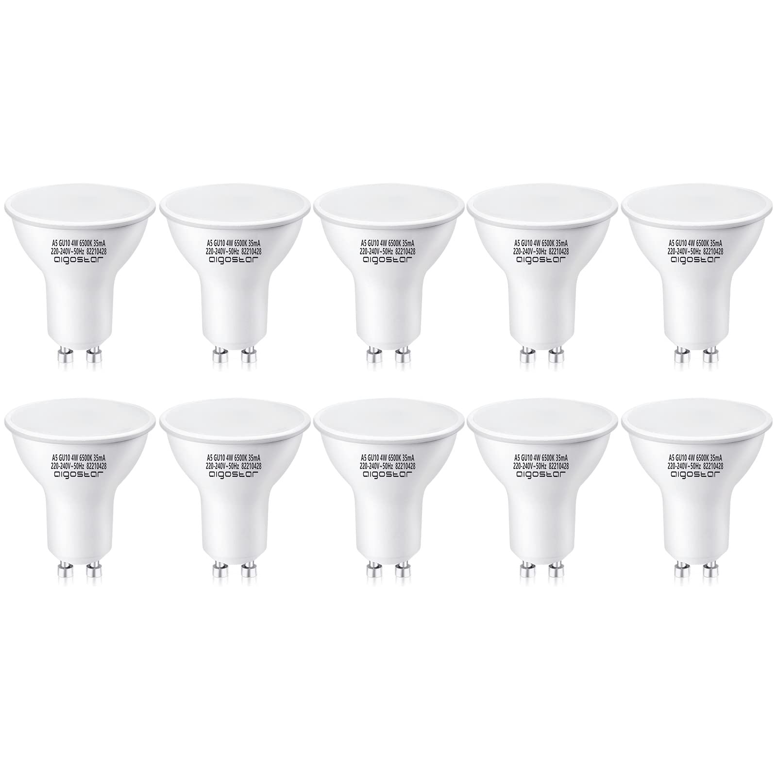 Aigostar GU10 LED Bulbs, Cool White 6500K, 47W Halogen Spotlight Equivalent, 4W LED Bulbs 320 lm Energy Saving Light Bulbs 100° Wide Beam, Pack of 10