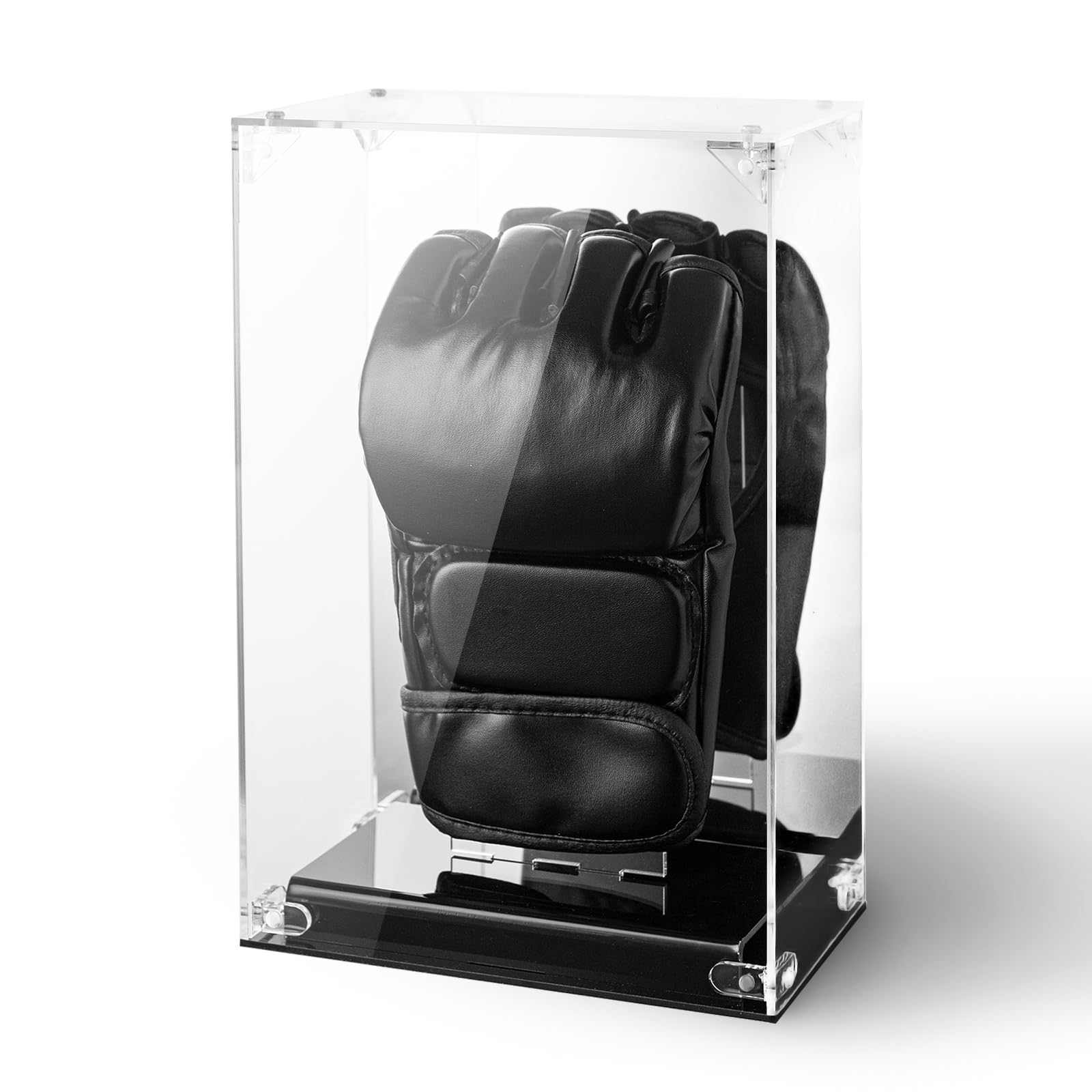 Photo 1 of MMA Glove Display Case with Mirror Back, Single Holder, Acrylic Kickboxing Sparring Glove Half Finger Boxing Glove Display Case with Solid Base Stand, Watch The Video to Assemble
