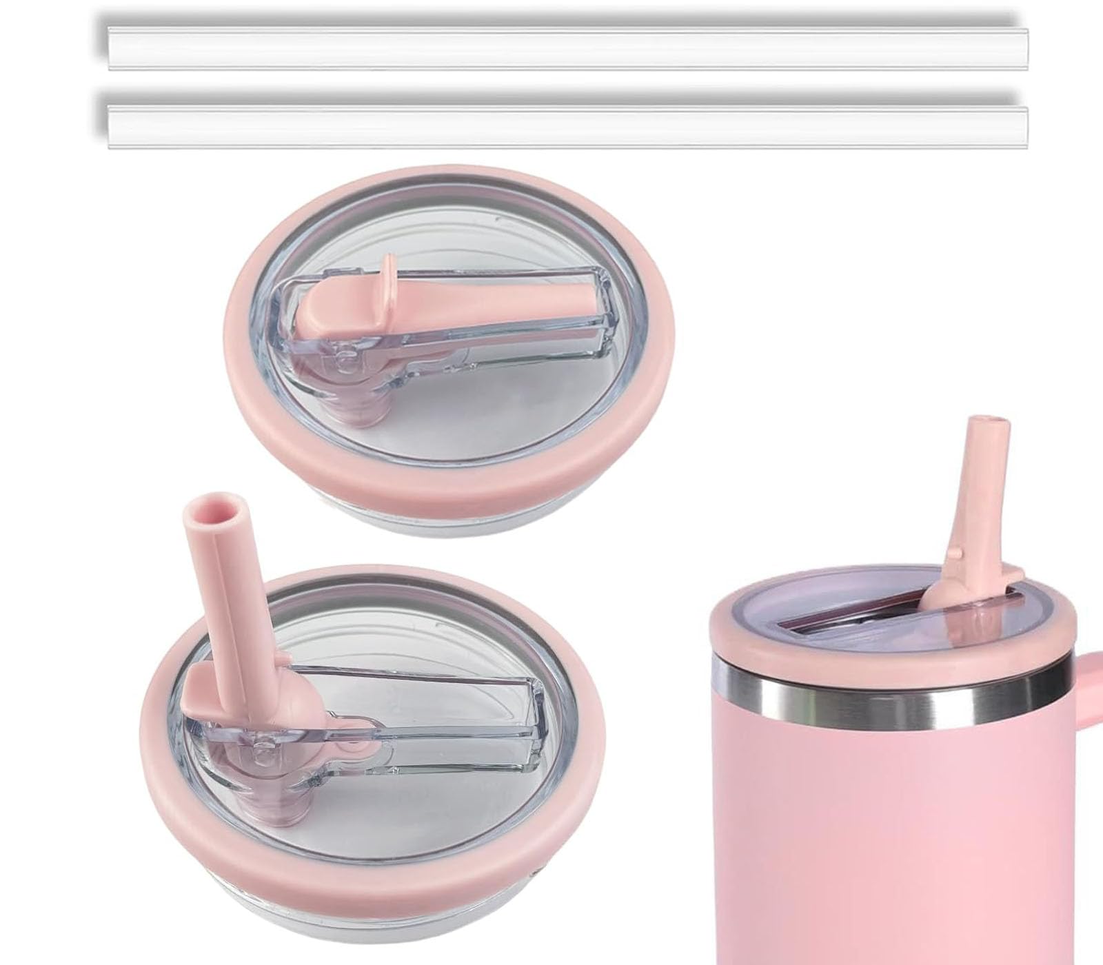 Photo 1 of 2 Pack 40 oz Tumbler Flip Straw Lid Replacement Compatible for Stanley Quencher, Leak-Proof Splash Resistant Tumbler Lids,Reusable Tumbler Cover for Stanley Cup (Pink)