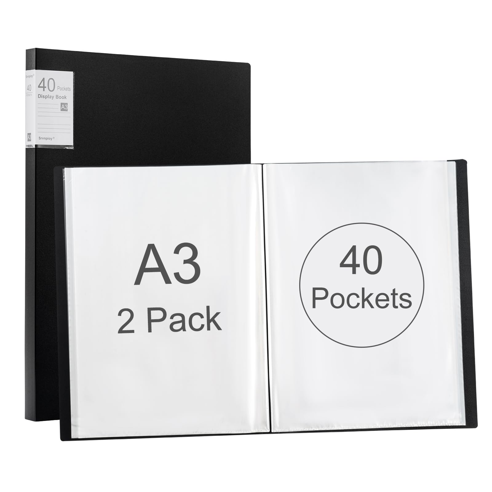 Srvnpioy A3 Display Book 40 Pockets, 2 Pack, 80 Sheet Capacity, Transparent Pockets, A3 Portfolio Presentation Book for Artwork, Drawing, Report,Black