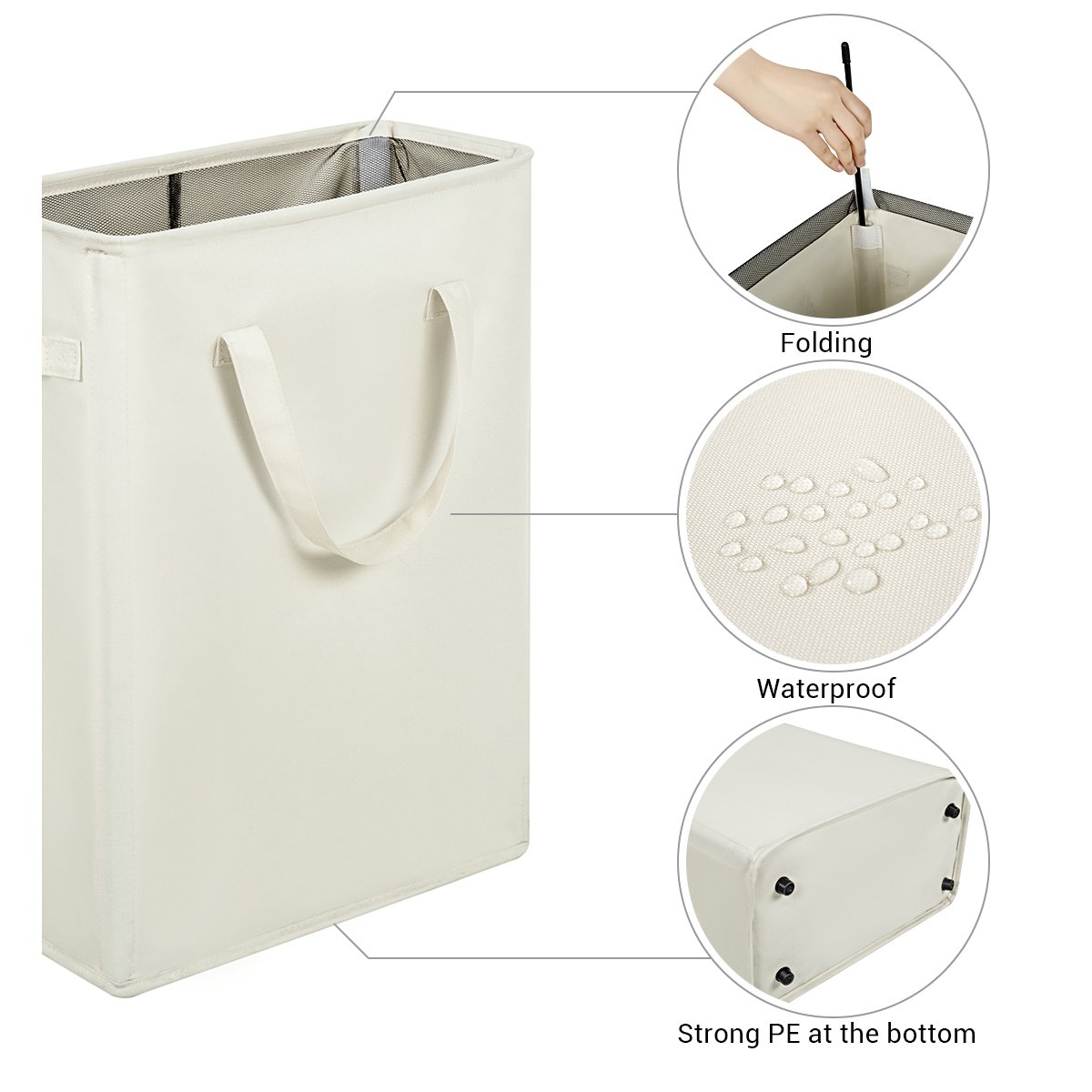 Chrislley Slim Laundry Basket Hamper Collapsible Handy Waterproof Bag Foldable Handle Oxford Cloth Basket Bin Organizer 44.5L（Beige）