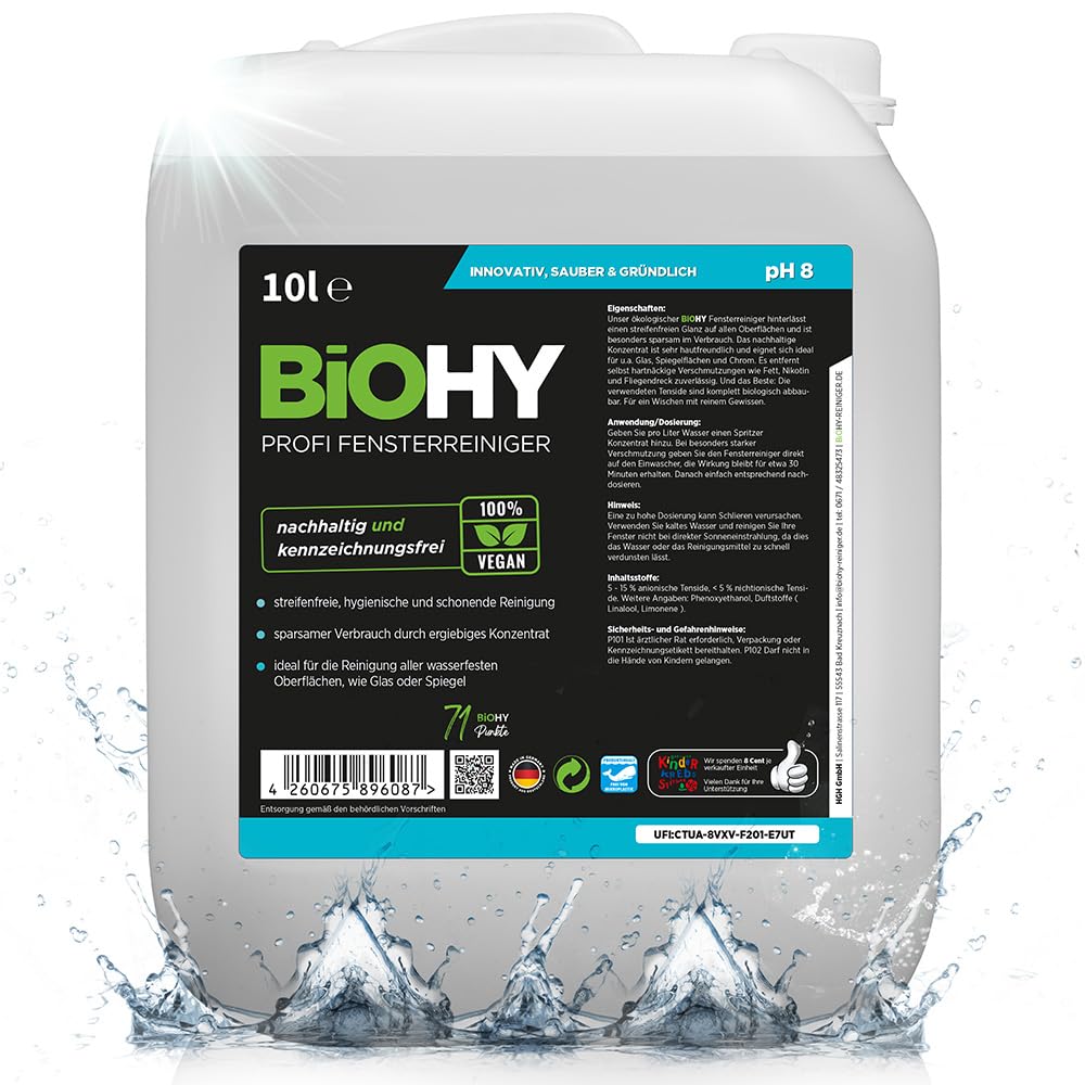 BiOHY Professional Window Cleaner (10l Canister) | Glass Cleaner Concentrate, Ideal for All Window Vacuum Cleaners| Streak-Free Cleaning of Glass & Window (Profi Fensterreiniger)