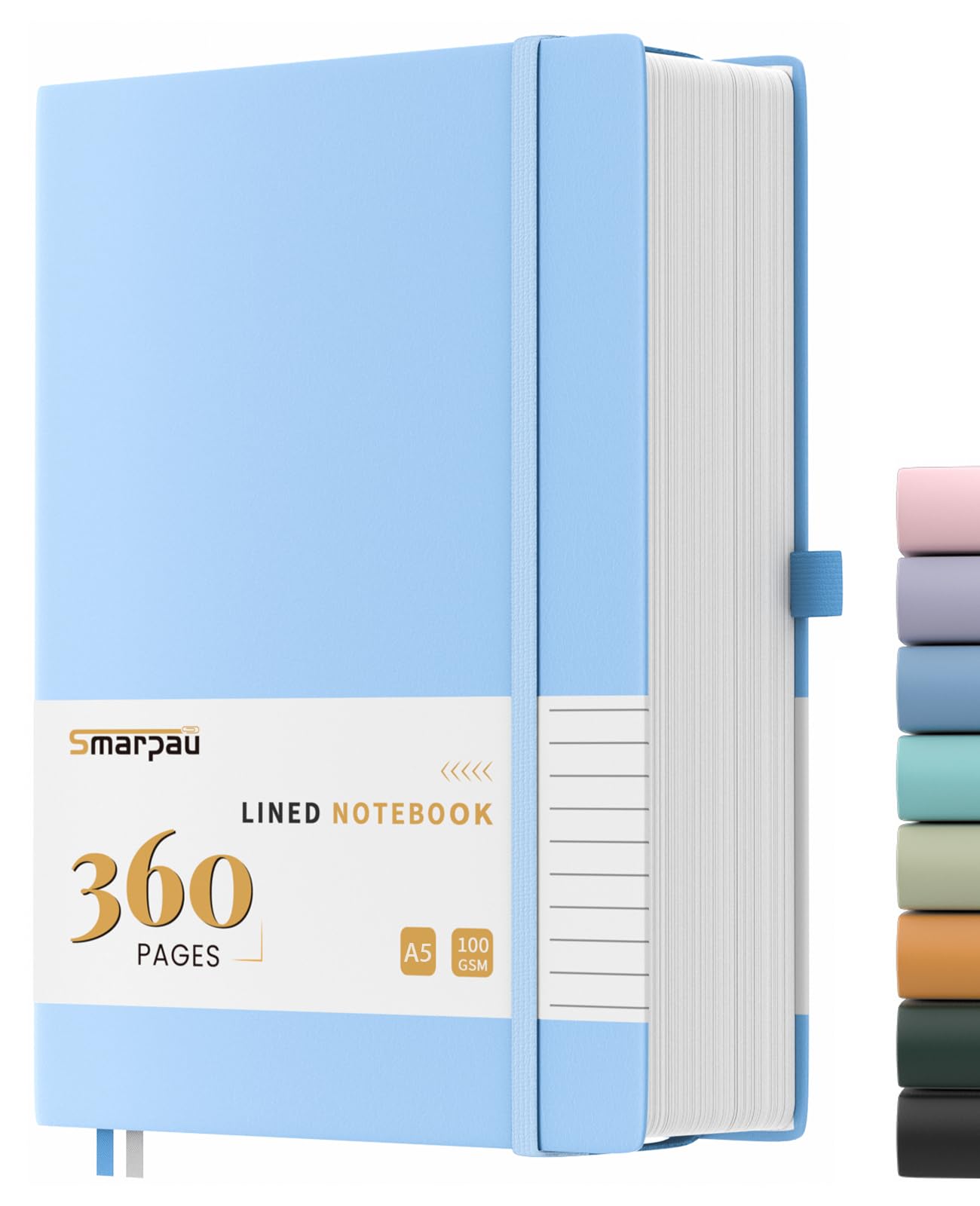 Smarpau A5 Lined Journal Notebook, 360 Pages Thick Ruled Notebook 100gsm No Bleed Paper, Leather Journals for Women Men Work School Office, 14.5 x 21cm - Light Blue