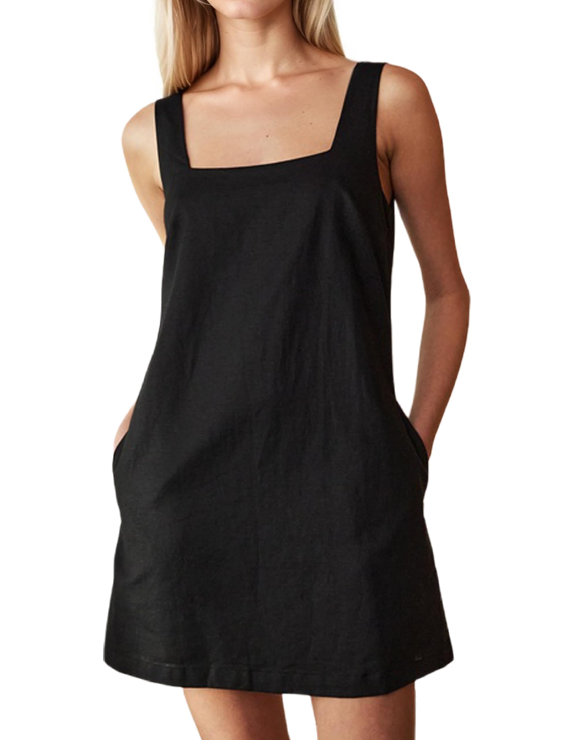 Photo 1 of Ceputer Summer Linen Mini Dress for Women Sleeveless Square Neck Tank Shift Dresses Causal Backless Solid Short Sundress Black