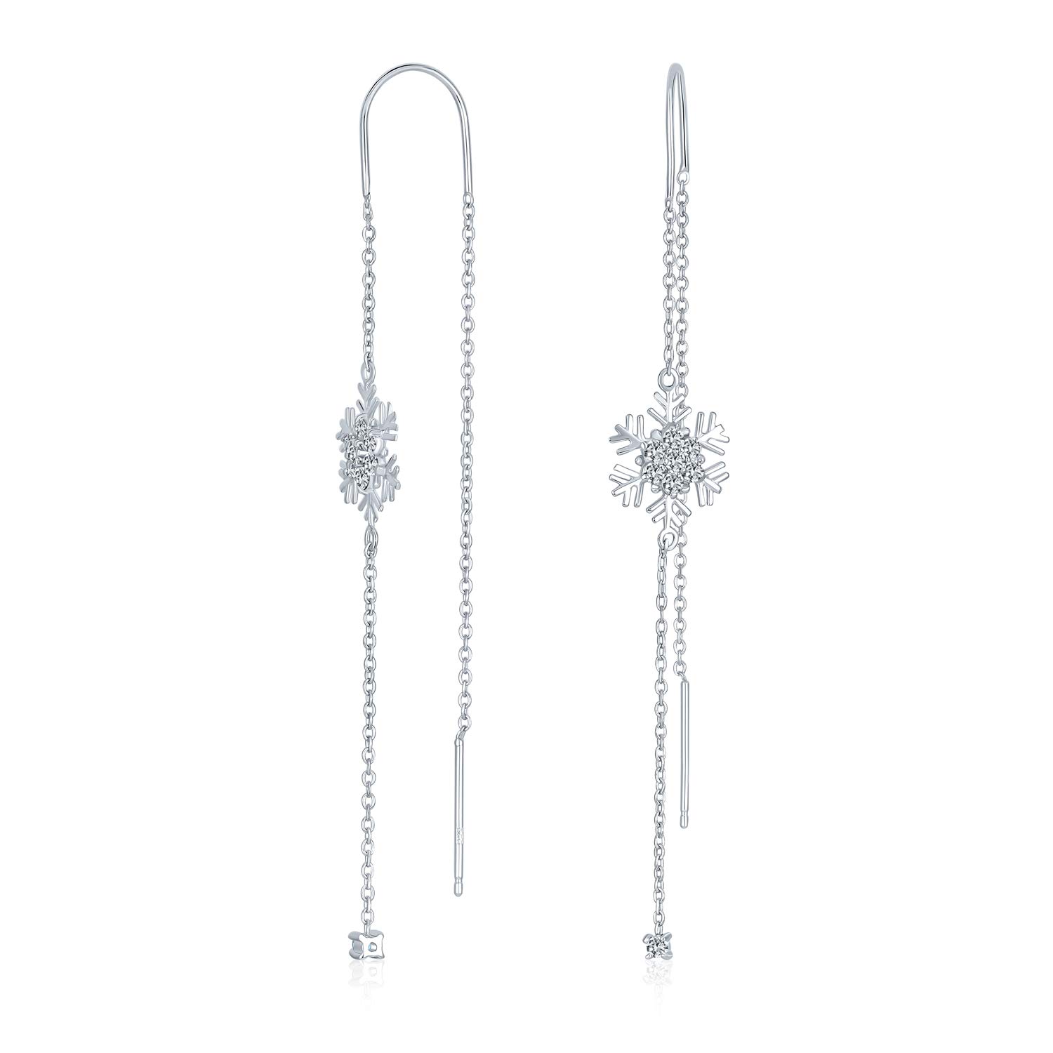 Ice Blue Clear Cubic Zirconia Frozen Winter Holiday Party CZ Long Chain Christmas Snowflake Threader Earrings For Women Teen .925 Sterling Silver — image 1