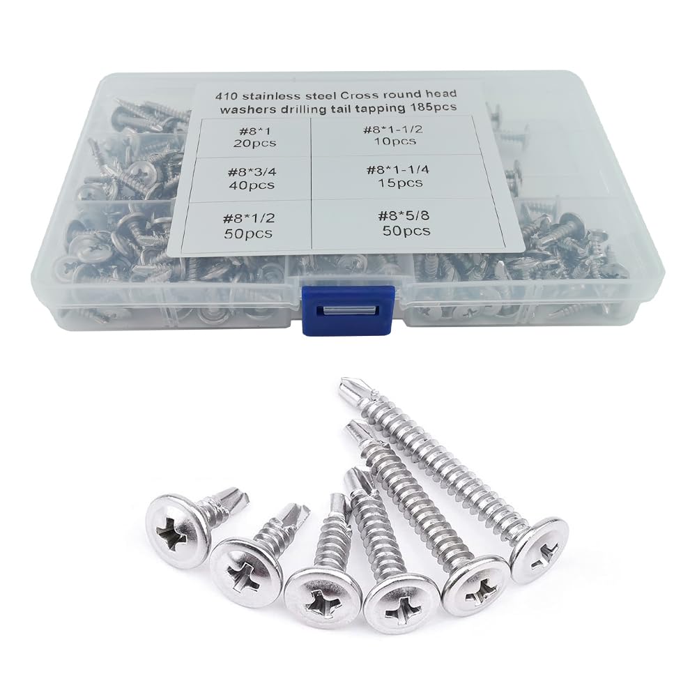 HYSHLC 185 Pcs Self Tapping Screws, 410 Stainless Steel Wood Screws Assortment Kit, M4 Bolts (25/30/35/40/45/50mm), Countersunk Screw Set for Kitchen, Wardrobe, Cupboard