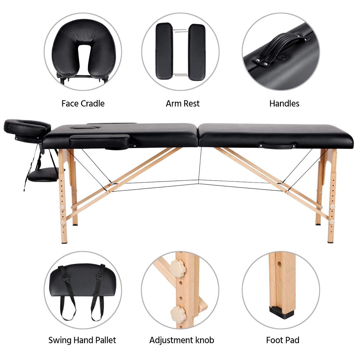 Yaheetech Massage Table Portable Massage Bed Massage Therapy Table Spa Bed 84 Inch Adjustable 2 Fold Salon Bed Face Cradle Bed Black : Beauty