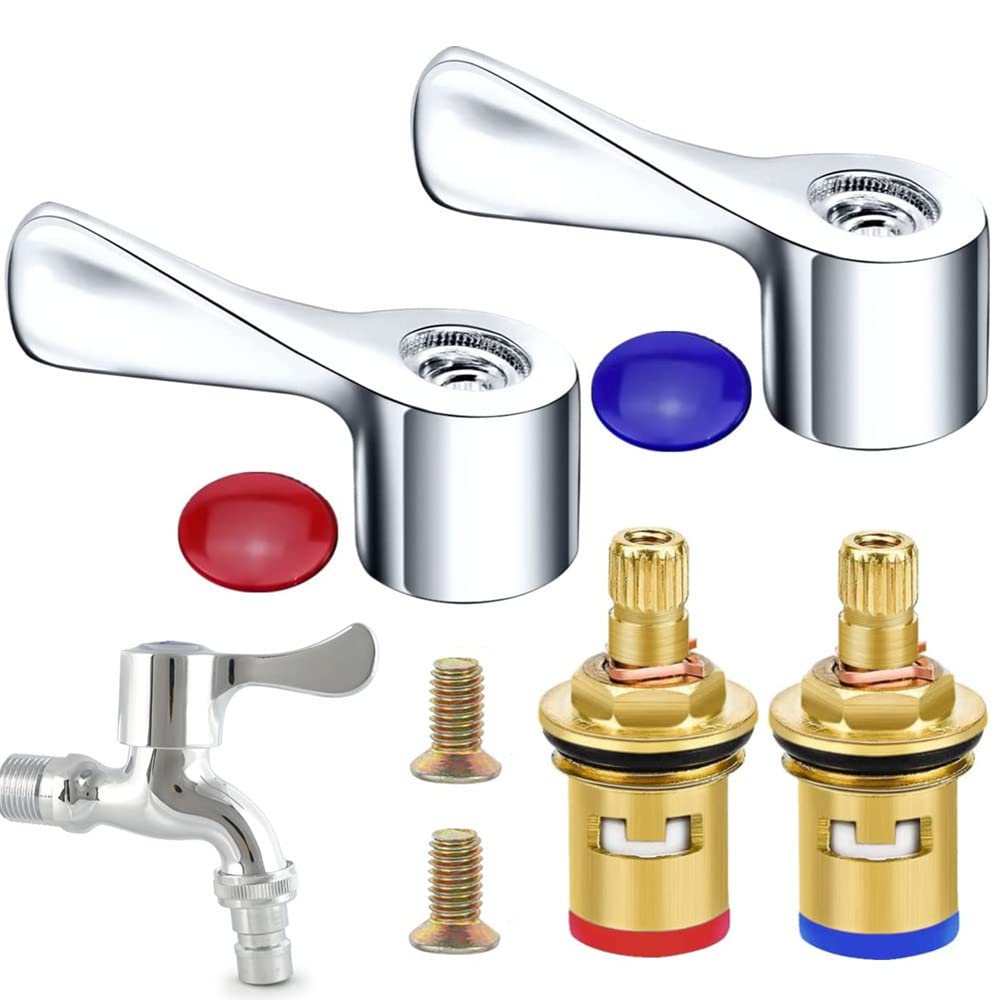 2 Sets Quarter Turn Tap Valves Cartridges with Metal Lever Heads Universal 1/2" Replacement Tap Valves Brass Ceramic Disc Cartridges Insert Set for Kitchen Bathroom Faucet Bid Tap - Chrome Plated