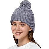 CHATSZ Winter Beanie with Pom Pom Cable Knit Beanie Hats for Women Warm Fleece Lined Knit Skull Cap Snow Hat for Girl