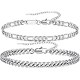 RANKEEF 2 Pcs Chain Bracelet for Men - 925 Sterling Silver 7-9inch Figaro Rope Cuban Link Bracelet Set - Gifts for Dad, Husband, Boyfriend