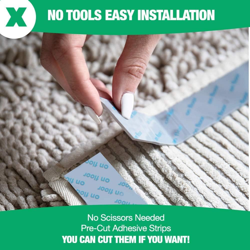 Non Slip Rug Gripper Pads: 9 Reusable Corner Carpet Tape Grippers - Adhesive No Skid Anti Slip Pad Hardwood Laminate Floors - Sticky Nonslip Grip Anchors Never Curl Area Rugs & Runner Edges (9): Kitchen & Dining