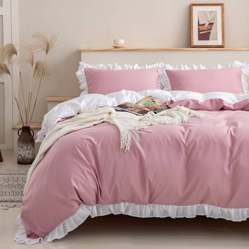 Loussiesd Ruffle Bedding Set Pink Microfiber Duvet Cover 2Pcs 3 Sizes