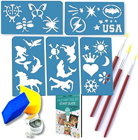 Face Paint Stencils Tool Kit, Best 24 Boys Girls Reusable Designs, 3 Brushes, 2 Sponges, Glitter, Bonus Bag, Santa loves it. Fun for Birthday, Parties, Events or Stocking Filler by Ava and Frank
