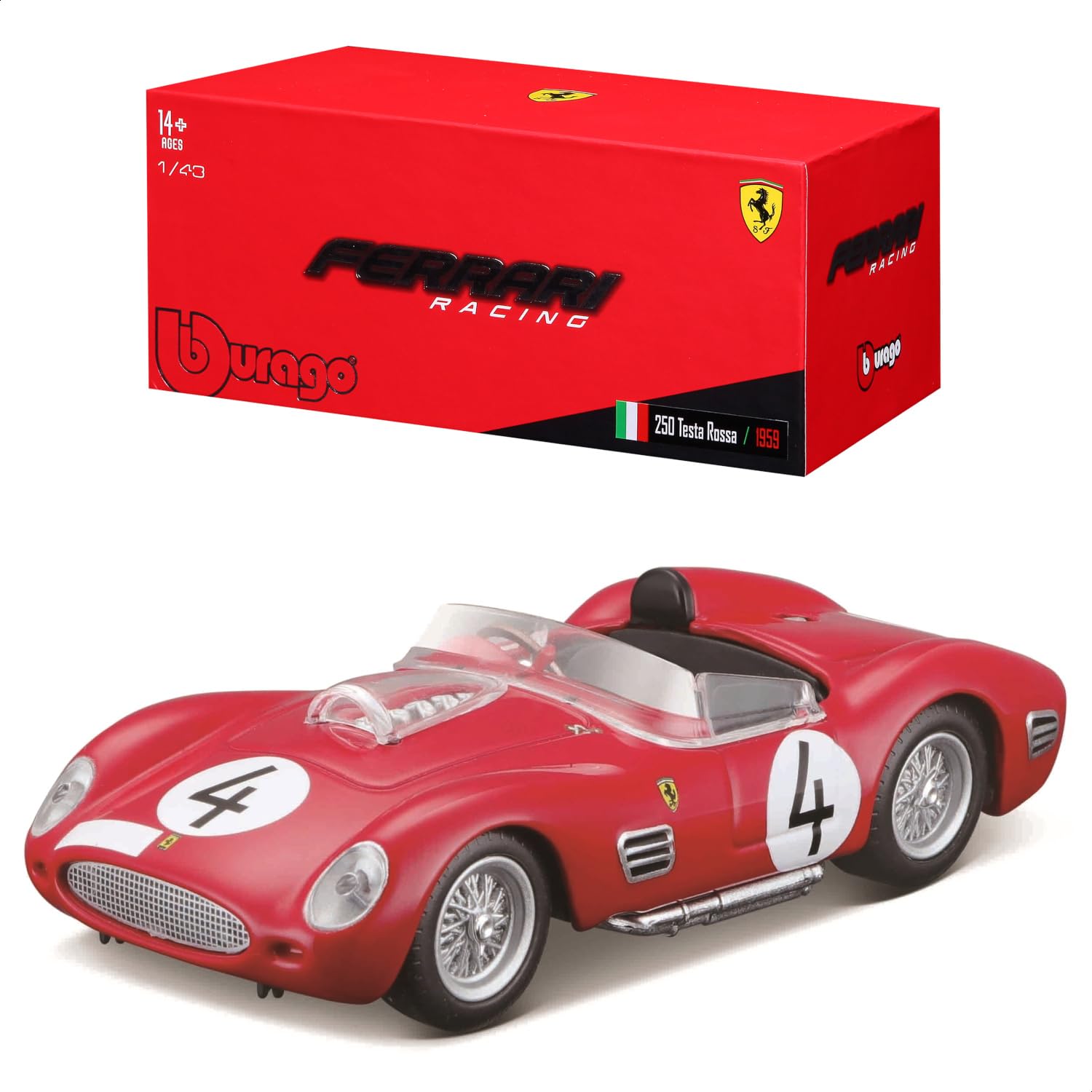 Bburago Ferrari Testarossa (1959): 1:43 Scale Model Car, Ferrari Racing Series, Gift Box, 12 cm, Red #4 (18-36307)
