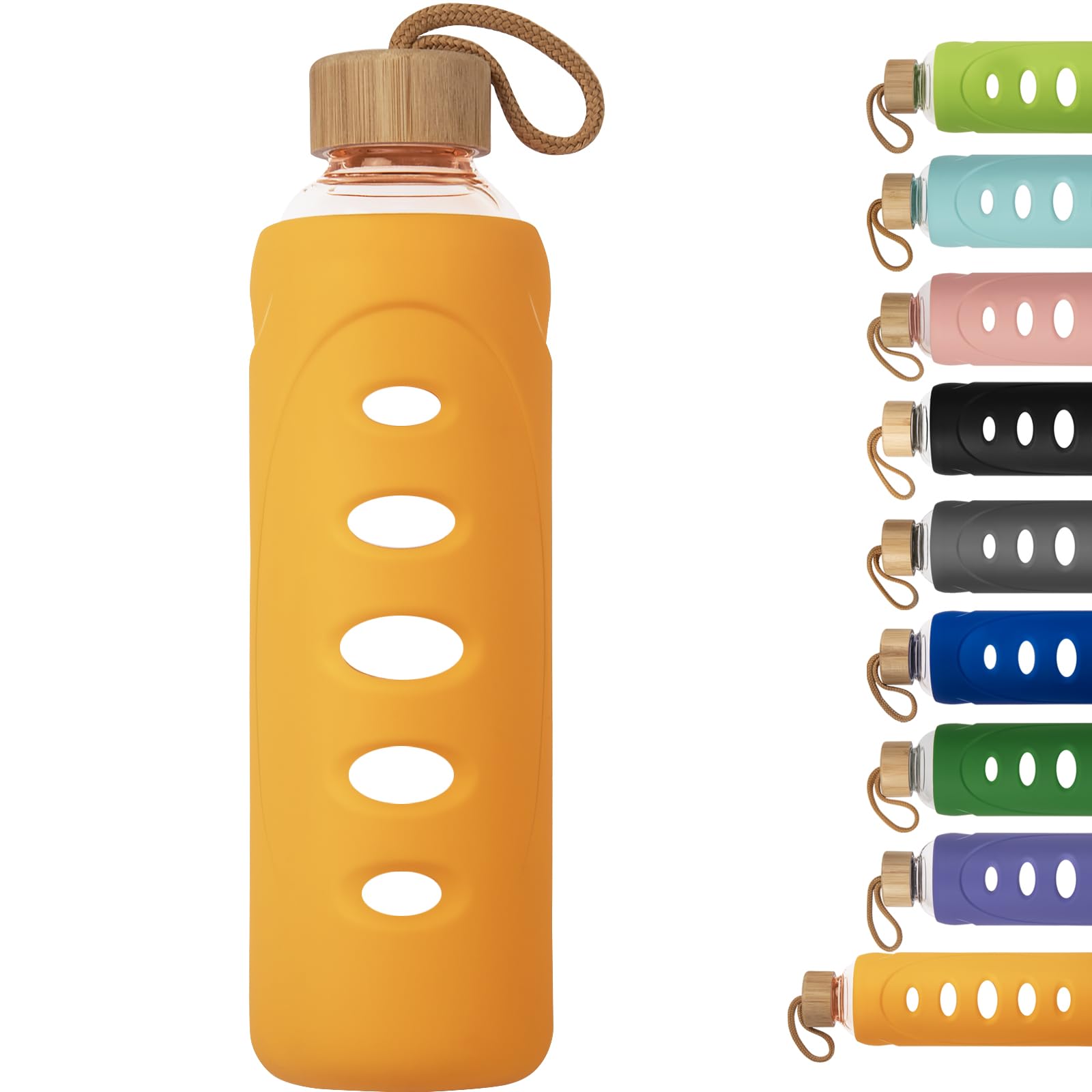 Ferexer 1 litre / 1l / 1000 ml Sport Borosilicate Glass Water Bottle with Protective Silicone Sleeve and Bamboo Lid (orange)