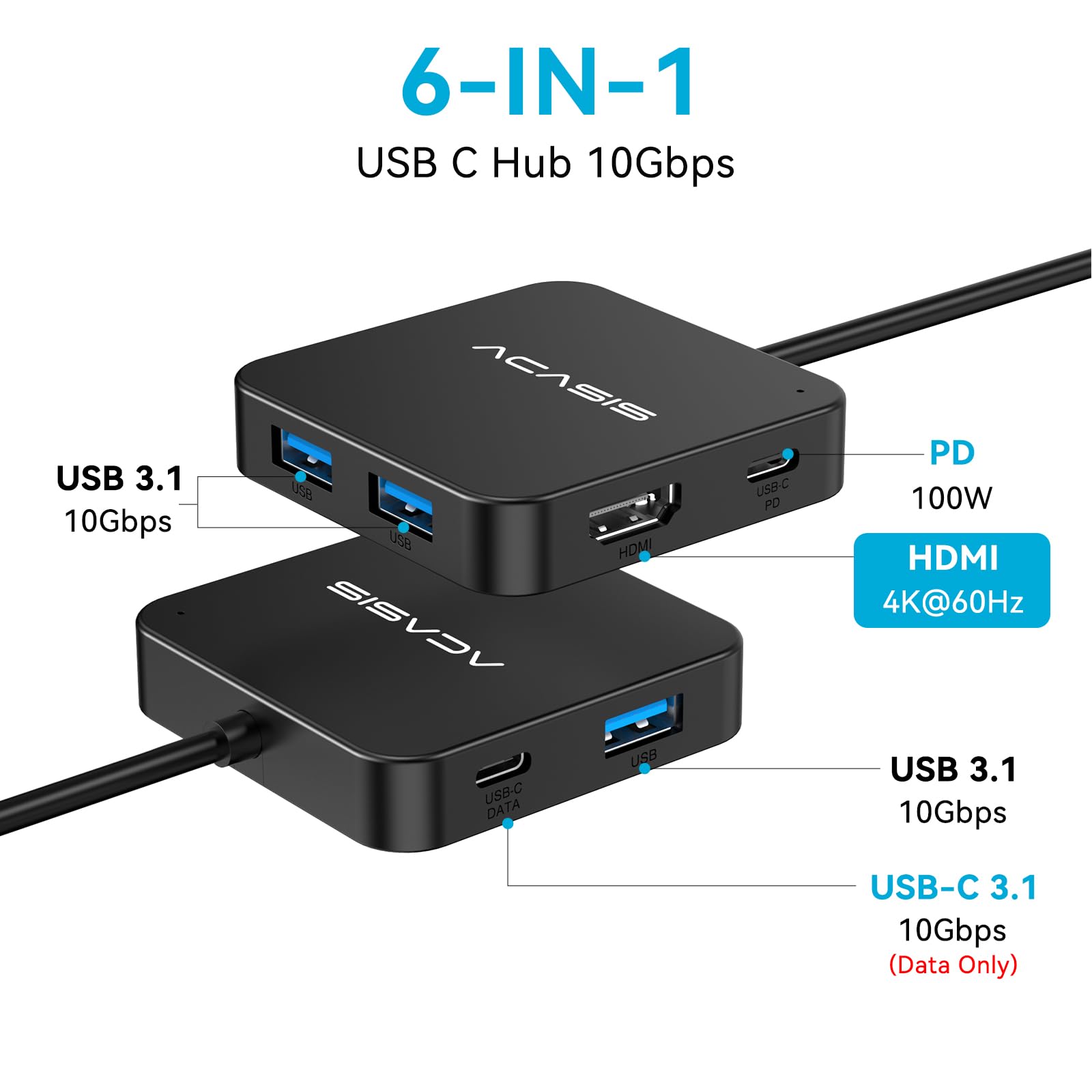ACASIS USB C Hub 10Gbps, 6-in-1 Multiport Adapter with 4K 60Hz HDMI, 100W Power Delivery, USB A3.2 Data Port, USB C to HDMI Adapter for MacBook, Dell, Lenovo, Surface, iPad PRO, XPS(Black)