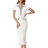 Pink Queen Women's Elegant Bodycon Dress 2026 Short Sleeve V Neck Half Button Cocktail Party Ribbed Knit Long Sweater Dress