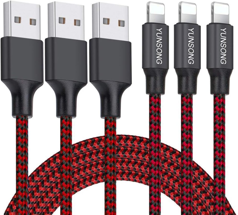 YUNSONG iPhone Charger 3PACK (6FT) Lightning Cable Nylon Braided Charging Cord USB Cable Charger Compatible with iPhone Xs MAX XR X 8 7 6s 6 Plus SE 5S 5C 5 (Red)