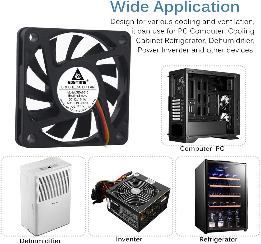 GDSTIME 60mm 3 Pin CPU PC Fan 12V Computer Fan 60 x 10mm CPU PC Cooler 6CM DC Brushless Cooling 3500 RPM Case Cooler For Router Game Console Cabinet Inverter Ventilation Replacement - Image 4