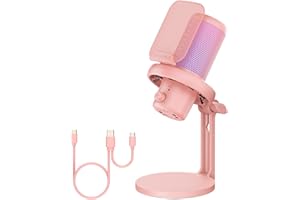 FEELWORLD VM1 Pink Gaming PC USB Microphone Condenser Mic with Noise Cancellation Mute RGB Light, Computer Accessories for Ga