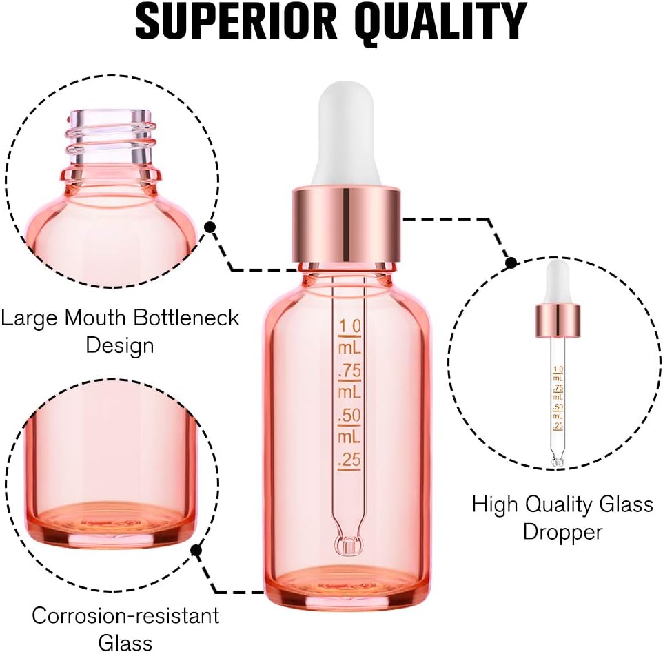 PrettyCare Eye Dropper Bottle 1 oz (24 Pack Rose Glass Bottles 30ml with Measured Pipettes, Golden Caps & 48 Labels, Funnel ) Empty Tincture Bottles for Essential Oils, Perfume: Home Improvement