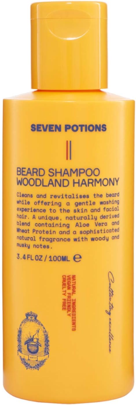 Seven Potions Beard Shampoo for Men — Gentle, Cleansing Beard Wash for a Clean Beard with No Beard Itch — Natural, Vegan, Cruelty Free — (Woodland Harmony, 3.4 Fl Oz)