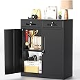 Greenvelly Metal Storage Cabinet with Drawers, 36" Black Lockable Steel Garage Storage Cabinet with Doors and Adjustable Shelves, Locking Metal Cabinets for Home Office, School, Garage