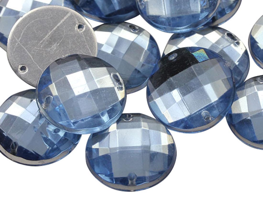 Allstarco 14mm Blue Sapphire - Lt. CH02 Flat Back Sew On Round Beads Acrylic Rhinestones Sewing Plastic Gems with Holes for Jewelry, Clothes, Garment Embelishments, Shoes, Cosplays, Crafts 50 Pieces