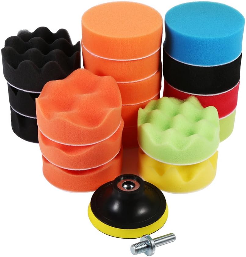 Mary Paxton 19 Pcs 3 Sponge Buff Polishing Pad Set 3 Inch for Car Polisher Waxing Foam Buffing Kit Auto Waxing Sanding(M10 Drill Adapter)