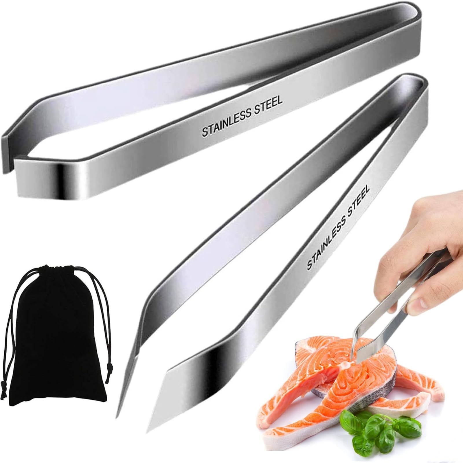 Fish Bone Tweezers with Portable Bag, 2 Styles Fish Tweezers Professional Stainless Steel Flat and Slant Pliers Remover Set for Kitchen Salmon Trout (2 Pcs)