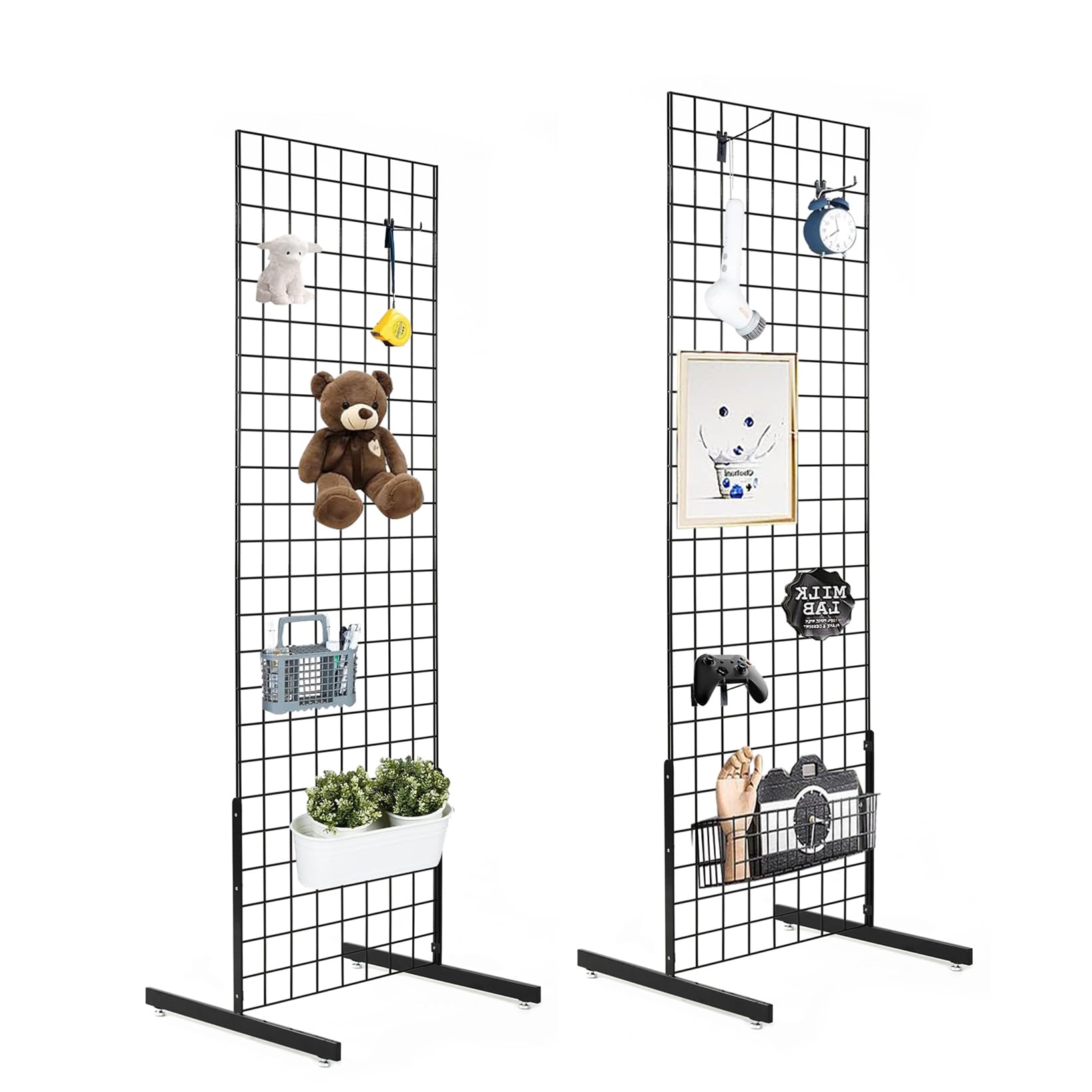 Photo 1 of NEESEEYEE 2' x 6' Grid Wall Panel Floorstanding Display Fixture with Deluxe T-Style Base, Black. Two-Pack Combo.