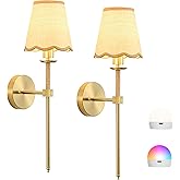 KernLite Boho Battery Operated Wall Sconce Set of 2, Gold Wireless Rechargeable Wall Lights with Rattan Shade, 12 RGB and 3CC