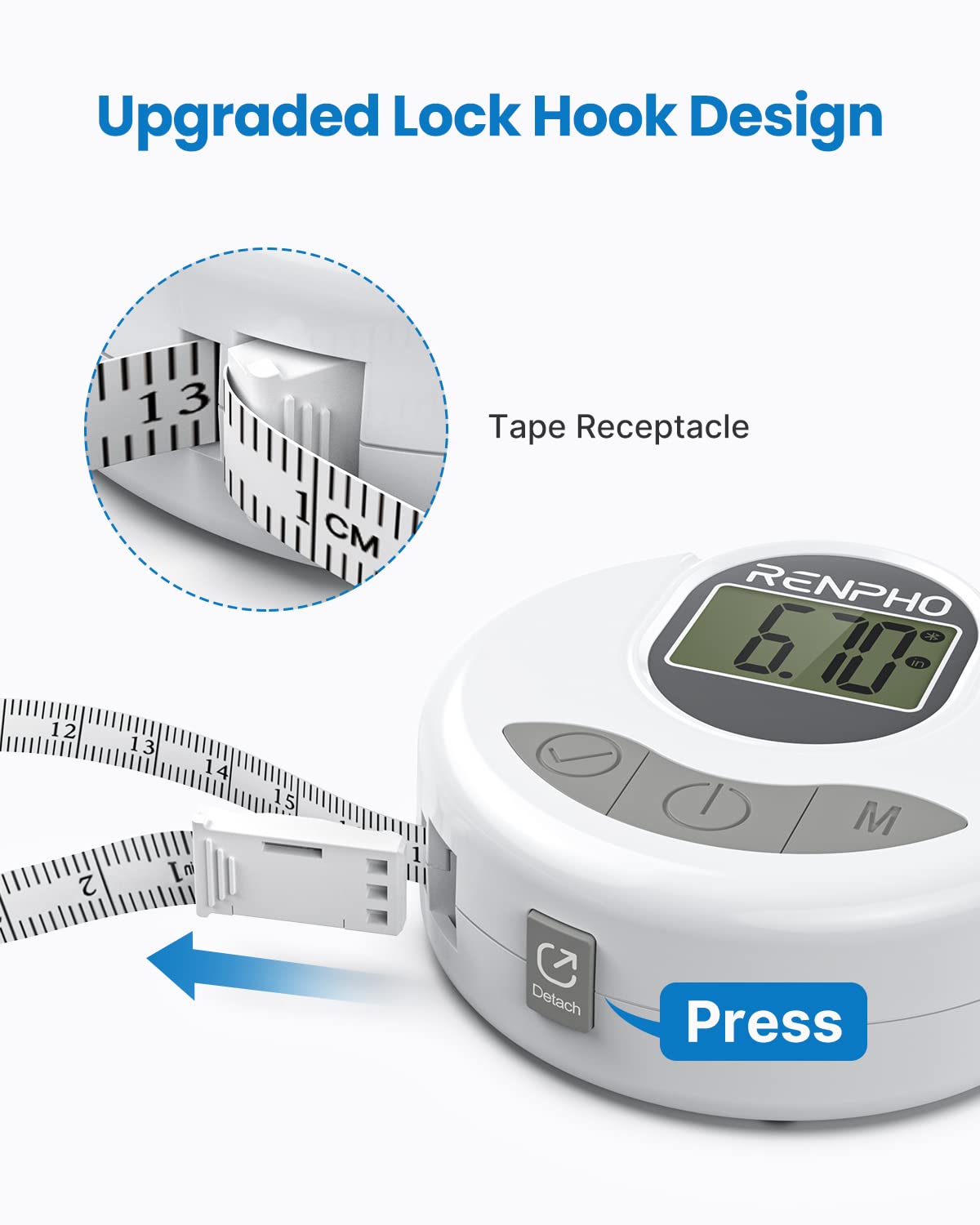 RENPHO Body Measuring Tape, Bluetooth Smart Tape Measure with Lock Hook & Retractable Function, Accurate Body Fat Measurement Device for Weight Loss, Muscle Gain, Fitness Bodybuilding, 60in /150cm