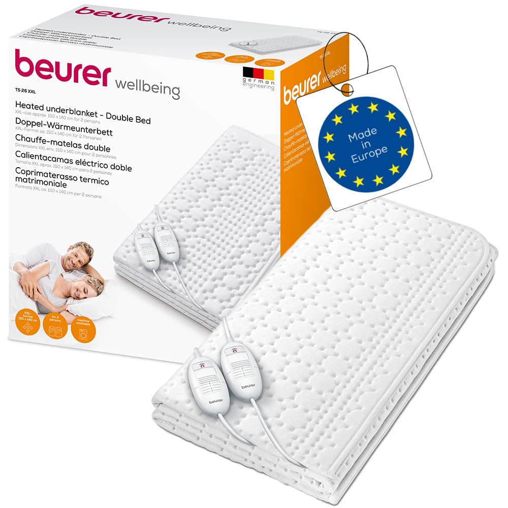 Beurer TS 26 Doppel-Wärmeunterbett, extragroßes XXL-Format mit separat einstellbaren Temperaturzonen für zwei Personen, zwei Schalter mit je 3 Temperaturstufen, Maschinenwaschbar, 150 x 140 cm