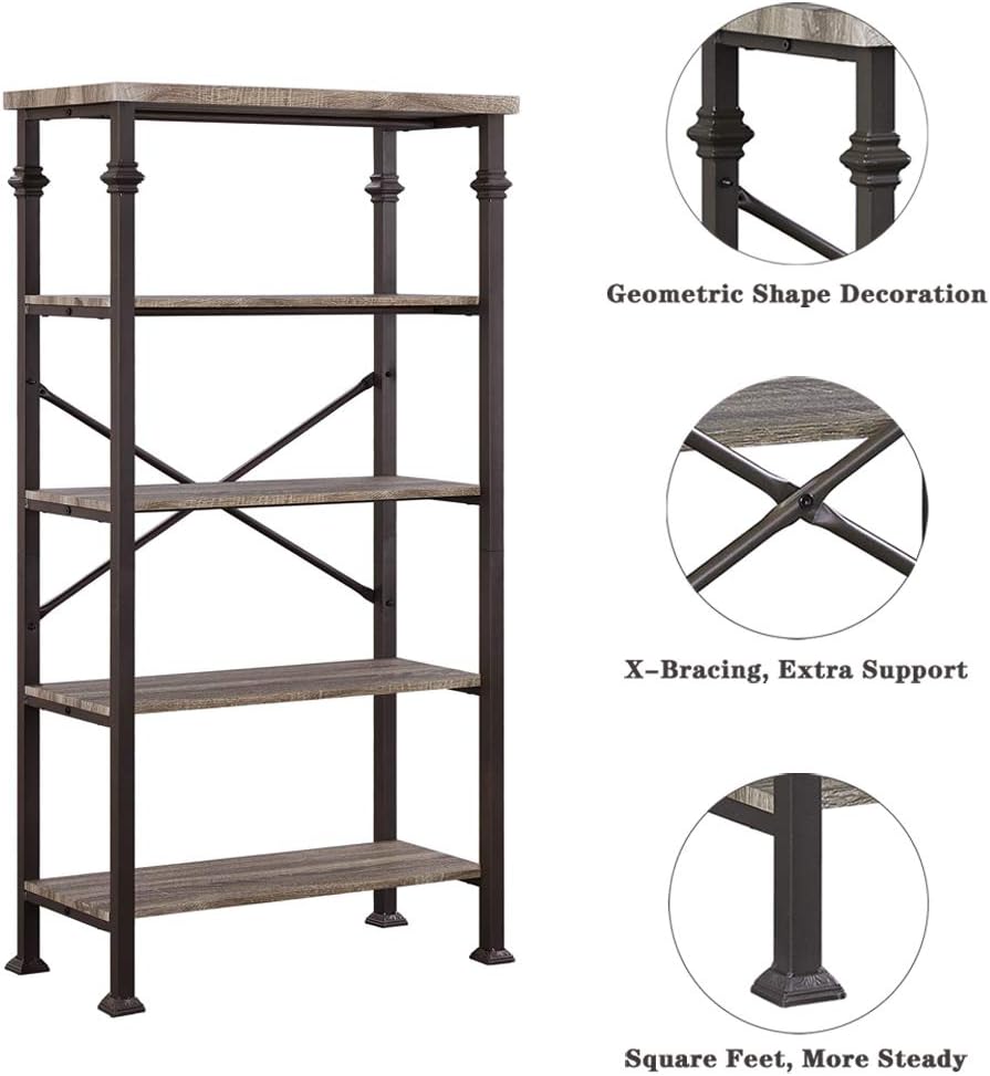 Hombazaar 5-Tier Modern Industrial Bookshelf with Sturdy Metal Frame, Large Book Shelves for Home and Office Organizer, 62.4’’Height: Furniture & Decor