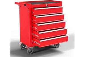 OAKANDO 5-Drawer Meatl Rolling Tool Chest with Wheels,Tool Storage Cabinet with Locking System，Toolbox with Wheels for Garage, Warehouse, Workshop, Repair Shop (Red, 5-Drawer)