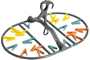 QUMOX Foldable Clip and Drip Hanger Clothes Laundry Socks Oval Drying Rack with Swivel Hook Plastic Nappy Hanger with 20 Remo