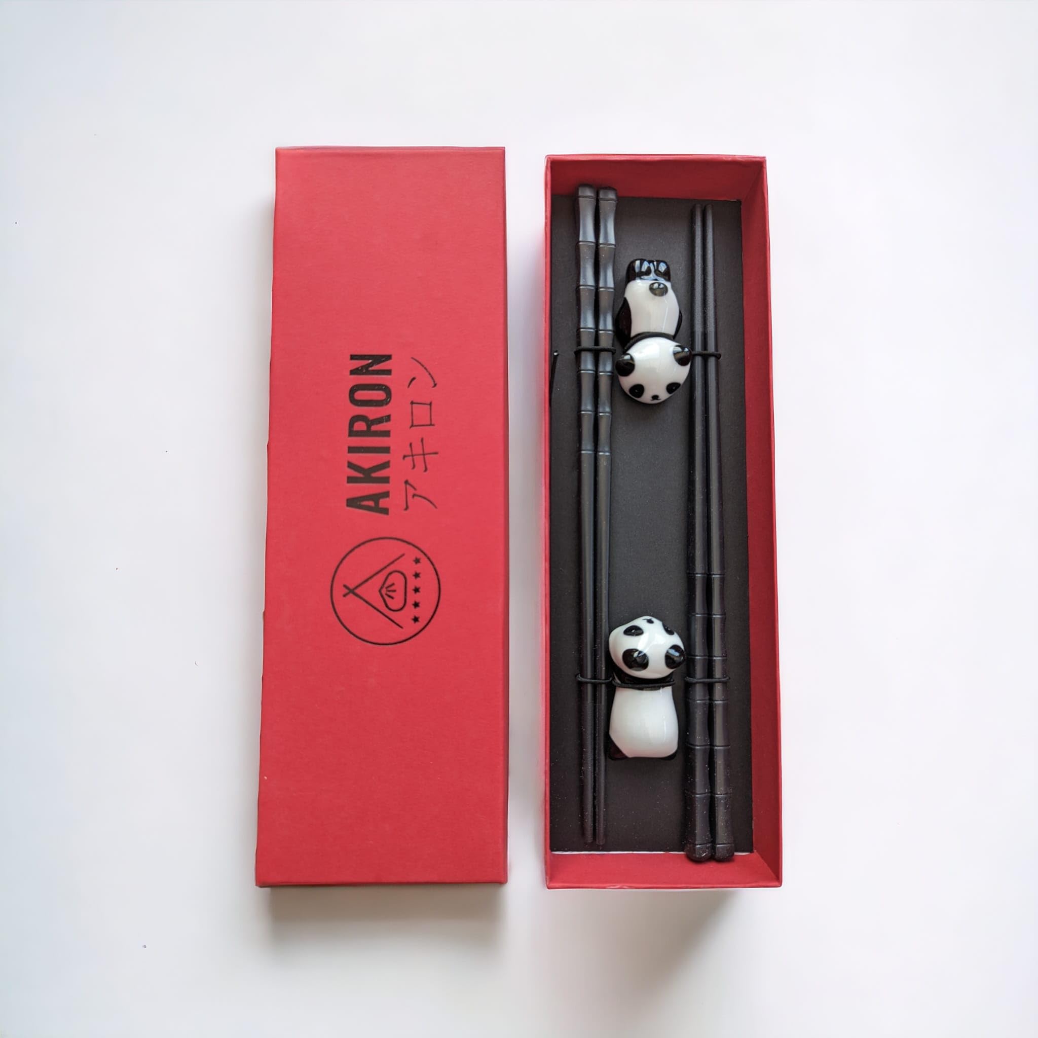 Bamboo Knot Design Glass Fiber Chopsticks 2 Pairs + Cute Ceramic Panda Rest Gift Set - Black, Japanese Chinese Chopsticks for Sushi, Ramen, Rice - Dishwasher Safe