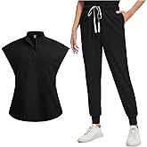 YAVINCOL Scrubs for Women set(Top+Jogger Pants) Medical Uniform Women Scrubs Set with Multi Pocket For Nurse Esthetician Workwear Medical Nursing Uniform Set Anti Wrinkle Slim Fit(Black-XXL)