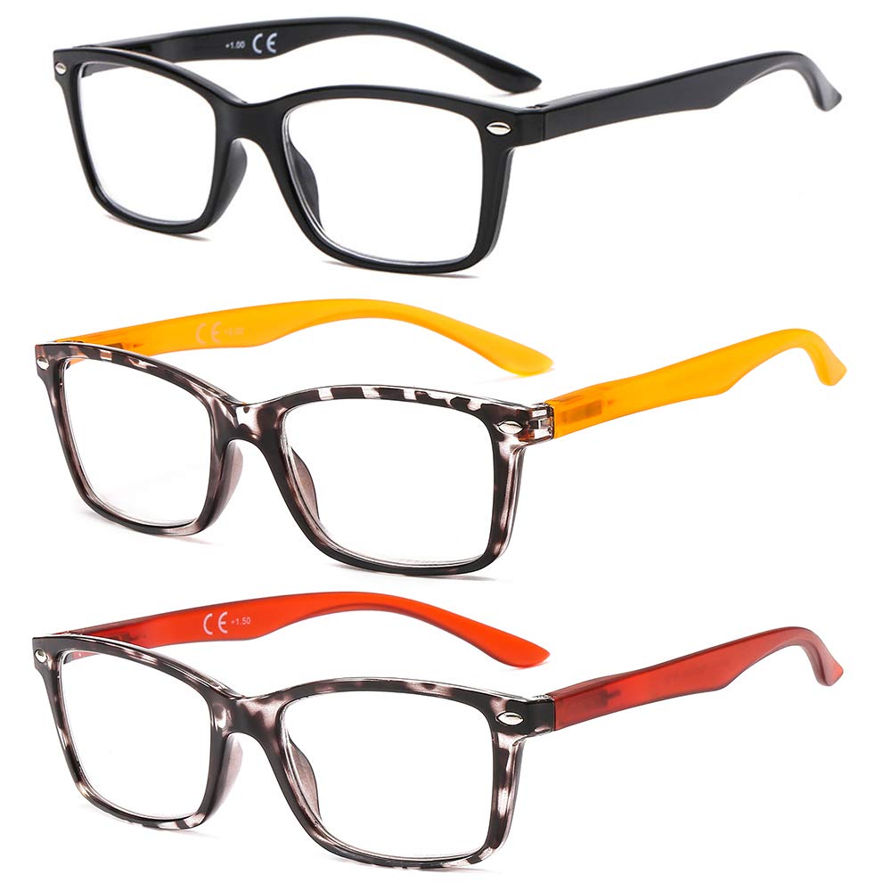 Suertree 3 Pack Multicolor Spring Hinge Reading Glasses Computer Reader Glasses Square Aided Eyelasses Unisex 2.0 BM151