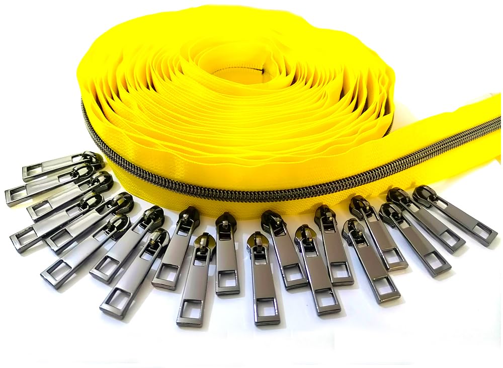 Photo 1 of #5 Black Nickel Metallic Nylon Coil Zippers by The Yard Bulk Black Tape 10 Yards with 20pcs Sliders for DIY Sewing Tailor Craft Bag (Yellow)