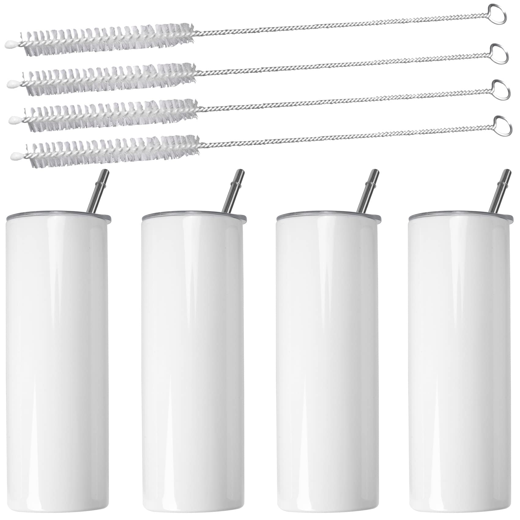 Pvczool Sublimation Tumblers 20 Oz Skinny Straight,Stainless Steel Sublimation Blanks Skinny,with Lid and Straw,4 Pack
