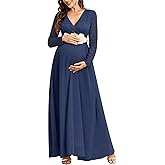 CYCLAMEN Maternity Dress Flowy A-Line Wrap Gown with Floral Lace and Contrast Chiffon Long Sleeve V Neck for Baby Shower