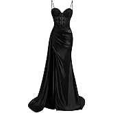 Satin Mermaid Prom Dress with Slit Spaghetti Strap Lace Pleated Sweetheart Long Formal Evening Party Gown