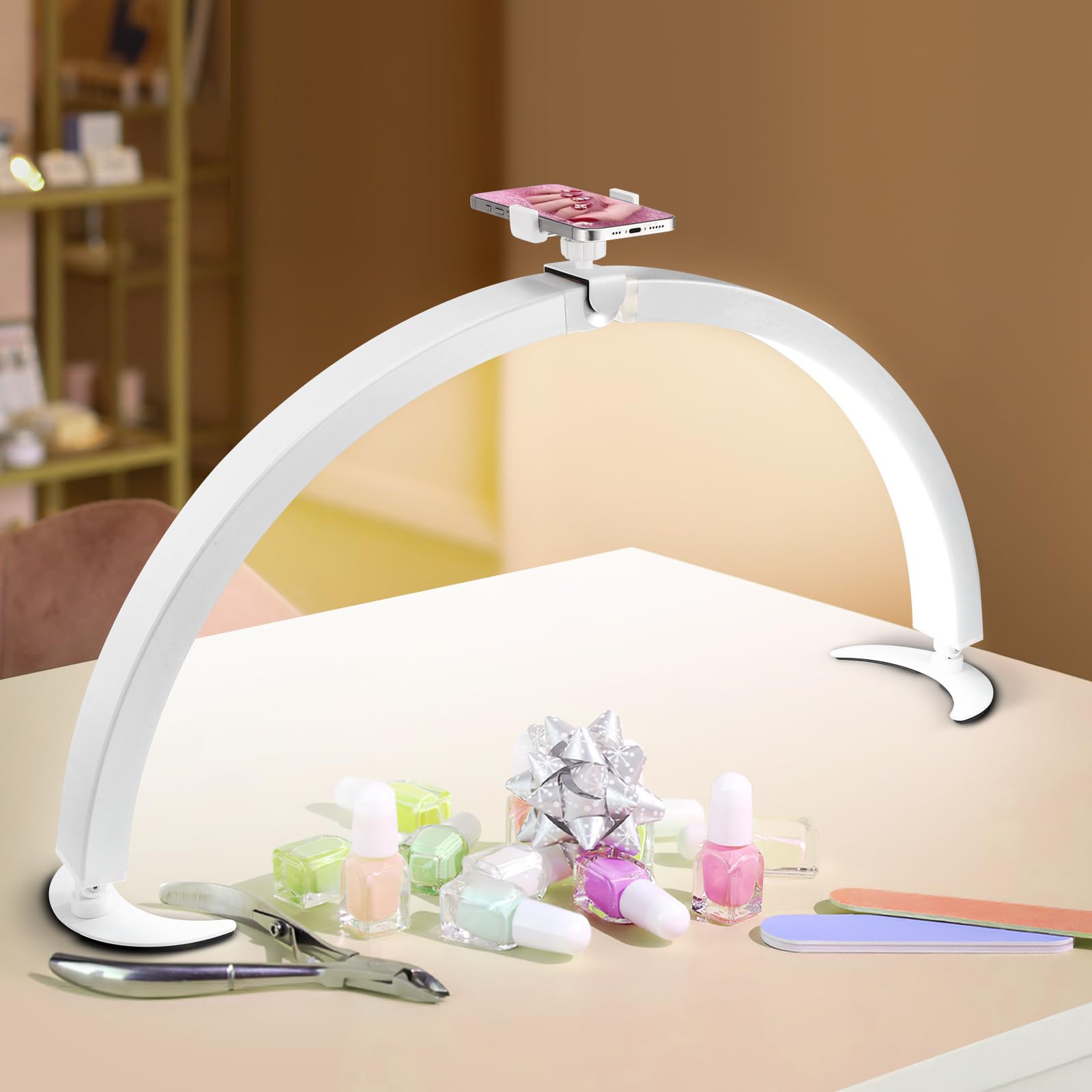 Luqixcey Half Moon Lamp for Nail Desk,29 Inch Foldable Half Moon Light with 3000-6500K Adjustable,LED Nail Desk Lamp with Phone Holder,Lash Light for Eyelash Extensions, Manicure,Tattoo, Eyebrow